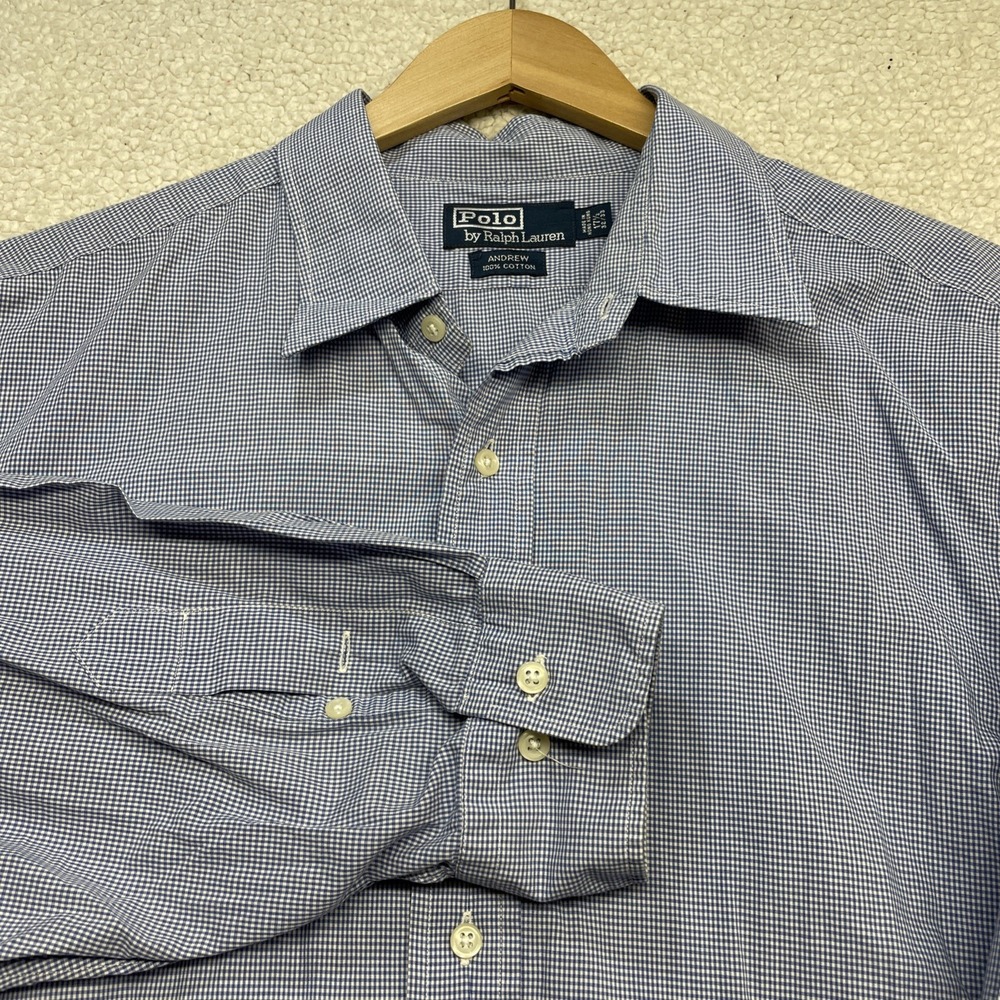 Polo Ralph Lauren Shirt Mens 17.5 Blue Gingham Andrew Button Cotton Micro Check